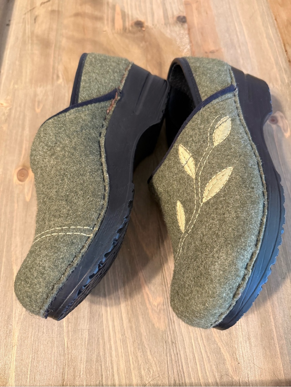 Dansko Olive Green Wool Slip-On Mules with Leaf Stitching - Picture 4 of 13